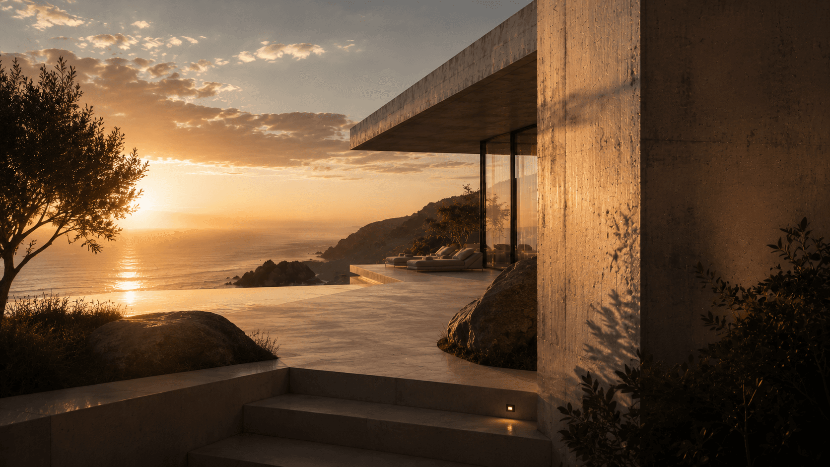 The terrace and cliffside steps at golden hour